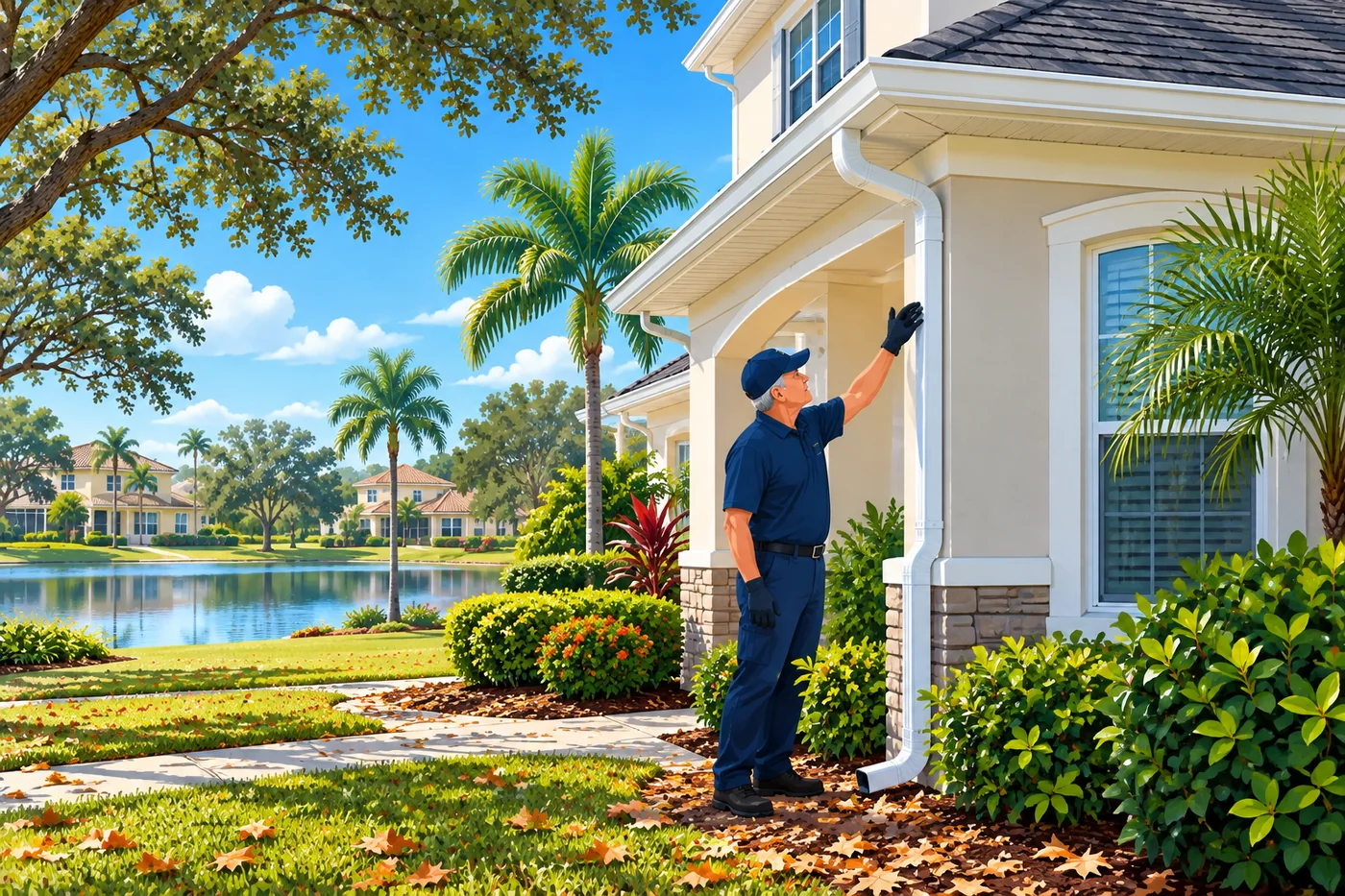 Illustration: gutters and a downspout at a Oviedo-area home in Florida weather