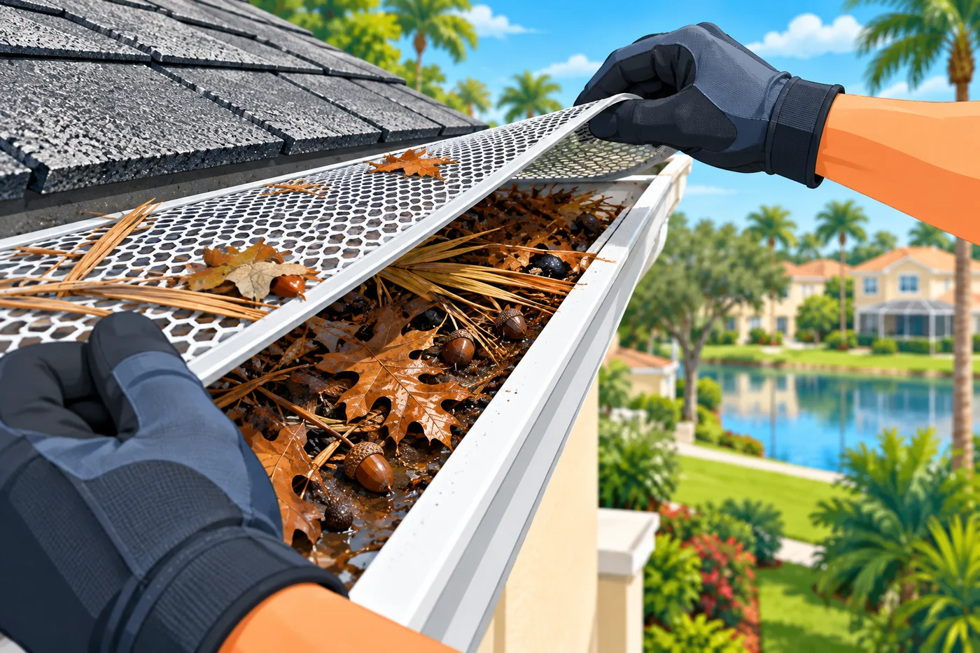 Illustration: gutter debris and cleaning at a Florida home near Oviedo